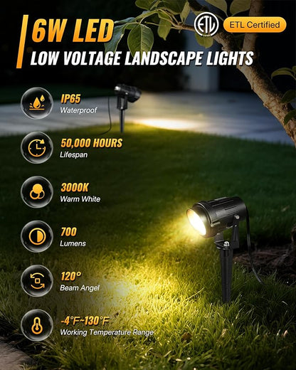 6W 700LM Low Voltage Landscape Lighting, 12V AC/DC 3000K Warm White LED Low Voltage Landscape Lights, IP65 Waterproof Outdoor Spotlights with Connectors for Garden Tree Yard 12Pack W01SLP1206