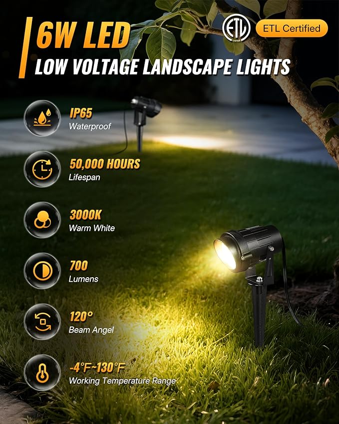 6W 700LM Low Voltage Landscape Lighting, 12V AC/DC 3000K Warm White LED Low Voltage Landscape Lights, IP65 Waterproof Outdoor Spotlights with Connectors for Garden Tree Yard 6 Pack W01SLP606