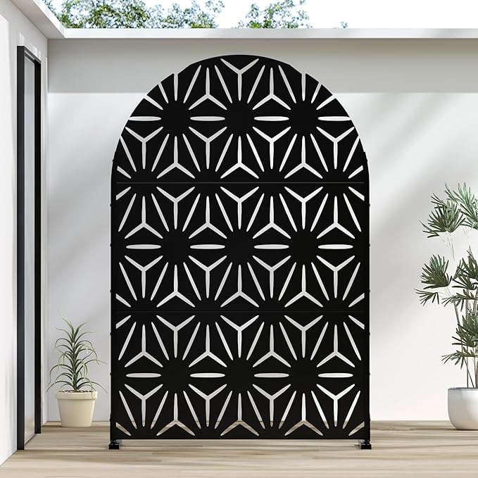 Casaphoria 72" H x 47" W Arched Metal Privacy Screen - Elegant Freestanding Outdoor Screen for Deck, Patio & Balcony - Versatile Decorative Privacy Panels for Home & Garden Use (Black-Star)