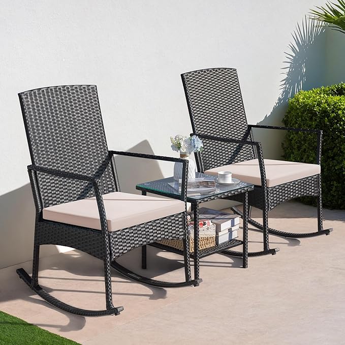 Conversation Set Outdoor Rattan Rocking Chairs with Coffee Table, Beige