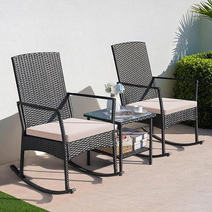 Conversation Set Outdoor Rattan Rocking Chairs with Coffee Table, Beige