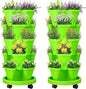 Umigy 2 Set 5 Tier Stackable Planters Vertical Garden Planters for Strawberry Herb Flower and Vegetable Indoor Outdoor Gardening Pots with Removable Wheels and Bottom(Green)