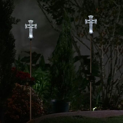 Alpine Corporation 34" Tall Outdoor Solar Powered Cross Pathway Light Stakes (Set of 2)