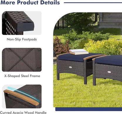 Tangkula 2 Piece Patio Rattan Ottomans, Outdoor Wicker Footstool w/Acacia Wood Handles, Soft Zippered Cushions, 3-in-1 Function Footstool Seat & Side Table for Backyard, Balcony, Poolside (Navy)