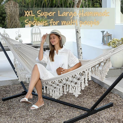 ZEAN Handwoven Hammock with Tassels by Thick Cotton Rope XL Two Person Hammock for Outside Patio Backyard Garden Beach 550LB Capacity