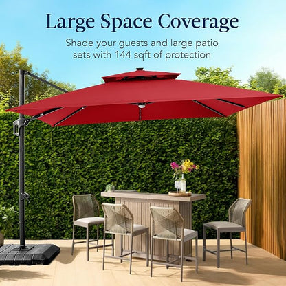 Best Choice Products 12x12ft LED Cantilever Patio Umbrella w/Base Included & 360° Rotation, Large Solar Offset Hanging Outdoor Sun Shade for Deck, Backyard Table w/Stand & Lights – Red