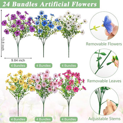Bassion Artificial Flowers for Outdoors, 24 Bundles UV Resistant Fake Flowers Realistic Silk Faux Plants for Outdoor Planter Window Box Porch Patio Garden Home Outside Decorations