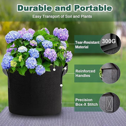 5 Pack 10 Gallon Thickened Grow Bags, Aeration Nonwoven Fabric Planting Bags with Handles, Heavy Duty 300G Garden Planter Pot for Tomato, Potato, Strawberry, Vegetable, Fruits and Flowers