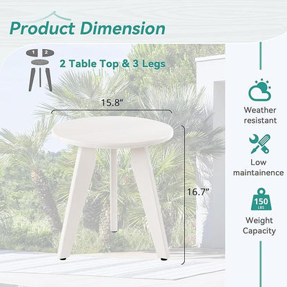 HDPE White Round Outdoor Table, Weather-Resistant, 15.8x15.8x16.7 inches, 150lbs Load Capacity, Modern Design, End Table for Patio, Porch, Deck, Living Room, Bedroom, Plant Stand