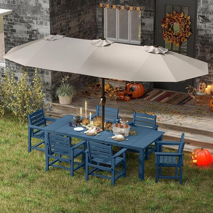 7-Piece Navy Blue Outdoor Dining Set for 6, 75.2'' HDPE Table with Umbrella Hole & Chairs, Weather-Resistant Patio Furniture for Garden, Lawn, or Poolside