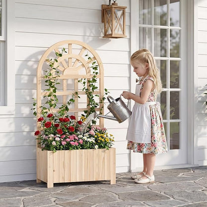 Giantex Wooden Raised Garden Bed with Arched Trellis Set 2, 48” Fir Wood Outdoor Elevated Planter Box Privacy Screen w/Drainage Hole, Vertical Garden Bed for Climbing Plants, Patio Balcony Backyard