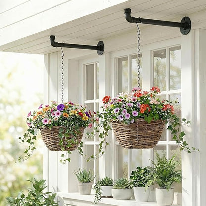 2 Pack Black Metal Pipe Plant Hanger Indoor with Hanging Chains, Industrial Window and Wall Mounted Hanging Rod Planter for Plants, Pots/Plants Not Included