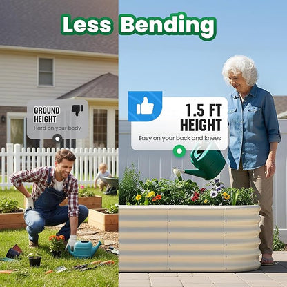 Quictent Galvanized Raised Garden Bed Kit Tall, 6x3x1.5 ft Oval Large Planting Box Strengthened by Crossbar, for Vegetables Outdoor, Beige