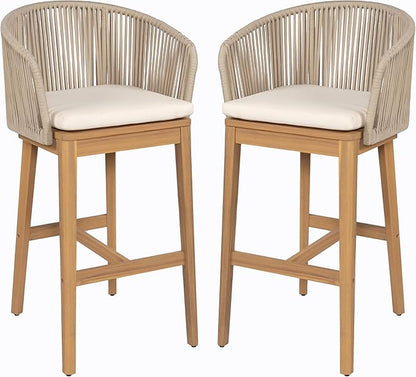 Christopher Knight Home Zax Set of 2 Patio Barstool, Acacia Wood & Rope Outdoor Counter Stool with Backrest/Footrest, Barstool Chairs with Cushion Seating for Backyard Balcony Garden, Beige + Teak