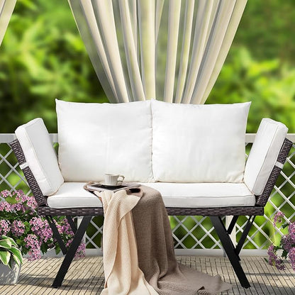 VINGLI Outdoor Loveseat, Woven Rattan Outdoor Sofa with Adjustable Armrests, Patio Loveseat with Removable Cushions and Pillows, Convertible Patio Couch for Yard Pool Balcony