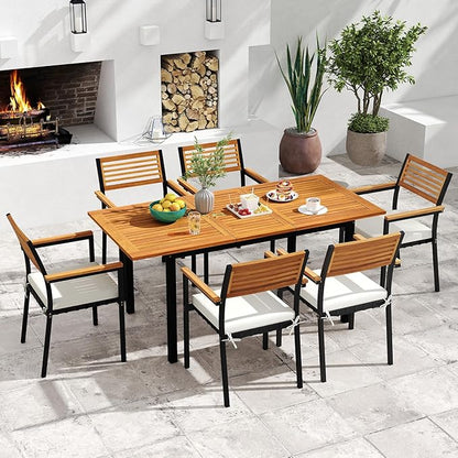 Tangkula 7 Piece Patio Dining Set, Outdoor Acacia Wood Cushioned Chairs and 51”-64” Expandable Rectangular Table Set, with Umbrella Hole, 6 Stackable Armchairs, for Poolside Garden (Off White)