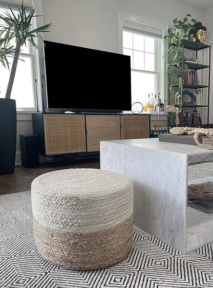 Scandilivin Homes Pouf Ottoman - 100% Jute Braided Footrest Pouf Hand Knitted Traditional Cord Boho Pouffe for Living Room, Bedroom, Nursery, Patio, Lounge Colorblock - Natural Ivory (20”x20”x10”)