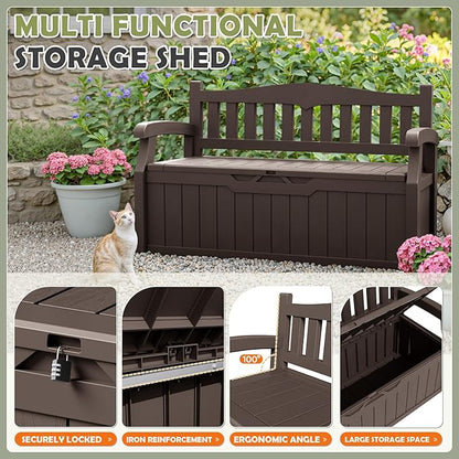 Storage Bench, 75 Gallon Brown Outdoor Deck Box with Padlock Holes