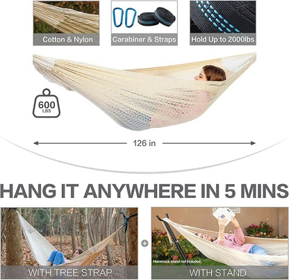PNAEUT Handwoven Mayan Hammocks, Double Rope Hammock for Outdoor Outside & Indoor, Thick Soft 600 lbs Capacity Heavy-Duty, Includes Tree Straps, Carabiners & Carrying Bag (Nature, X-Large)