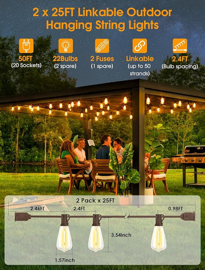 50FT(2x25FT) Outdoor String Lights, Patio Lights with 20+2 LED Dimmable Waterproof ST38 Vintage Shatterproof Bulb for Bistro Cafe Fence, Brown