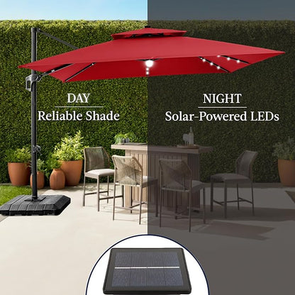 Best Choice Products 12x12ft LED Cantilever Patio Umbrella w/Base Included & 360° Rotation, Large Solar Offset Hanging Outdoor Sun Shade for Deck, Backyard Table w/Stand & Lights – Red