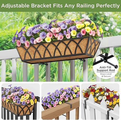 HFHOME 24 inch Window Deck Rail Planter with Coco Liner, 24" Dia Window Box Trough with Coconut Coir Liners, Black Metal Hanging Flower Planter Basket for Indoor Outdoor Lawn - Set of 4