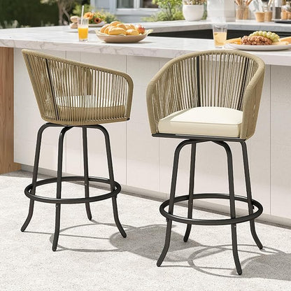 DWVO Outdoor Counter Height Bar Stools Set of 2, Patio Swivel Bar Chairs with Soft Cushions, 360° Rotation, Bar Height Rattan Chairs for Backyard, Poolside, Garden, Beige