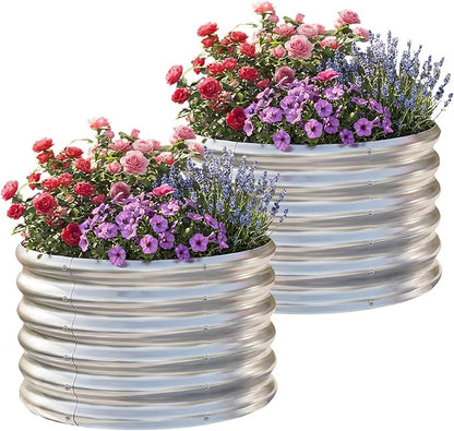 AHEONLAR 2 Pack 2x2x1.5ft Round Galvanized Raised Garden Bed Outdoor Metal Planter Box for Vegetables Steel Raised Beds for Gardening Silver