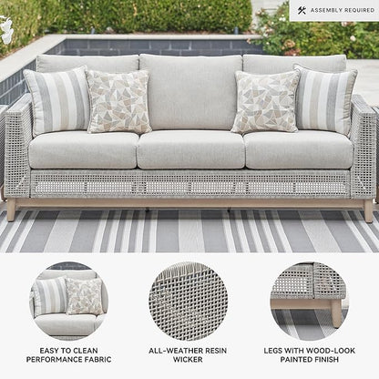 Signature Design by Ashley Seton Creek Cottage Nuvella Weather Resistant Fabric Outdoor Sofa with Cushion and 4 Throw Pillows, Light Brown & Light Gray