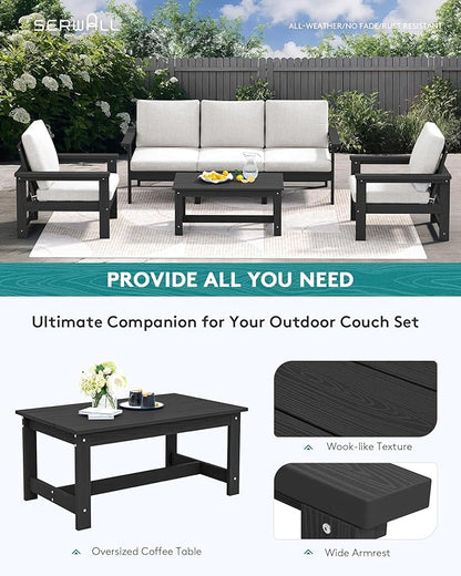 SERWALL HDPE Patio Conversation Set, 6-piece Sectional Outdoor Furniture Set, All Weather Outdoor Couch Set Patio Furniture Set for Deck, Lawn, Black Frame with Khaki Cushion