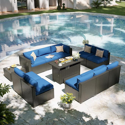 Aoxun Patio Furniture Set with Fire Pit Table, 12 Piece Outdoor Sectional Sofas, 10 Seats Wicker Rattan Outdoor Furniture with Thickened Cushion for Backyard, Garden Navy Blue