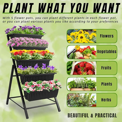 Homdox 4FT Vertical Garden Bed, 5 Tiers Raised Garden Planter, 25.6 * 26 * 48Inch with 4 Hooks & 4 Wheels, Vegetable Flower Stand for Garden Patio Yard, Black