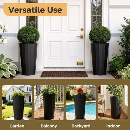 23.6" H Tall Planters for Outdoor Plants, 2 Pack Large Outdoor Planters for Porch Decor with Automatic Drainage Hole, Plastic Stripe Design Flower Pots Fits Indoor Plants Patio Garden, Black