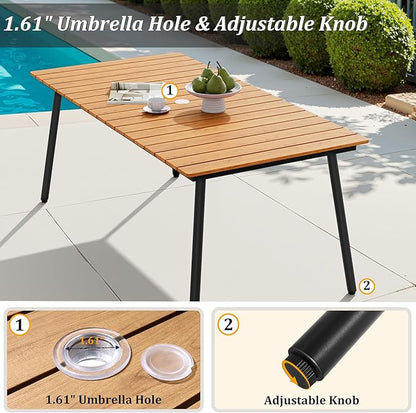 70" Patio Outdoor Dining Table for 4-6, Weather-Resistant Wood-Grain Top with Aluminum Frame & Umbrella Hole for Deck Gatherings, Brown