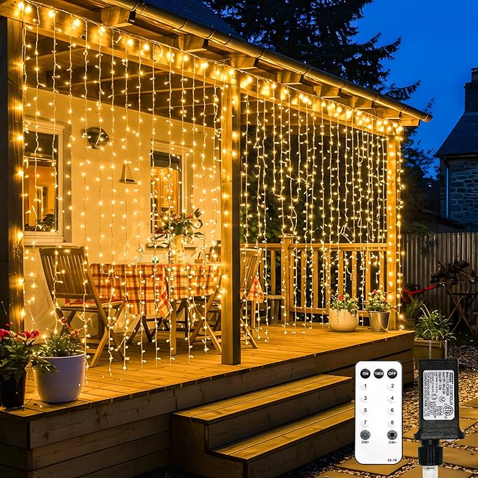 String Curtain Lights, 600 LED Warm White, 19.6 x 9.8 ft