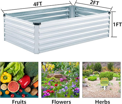 2 Pack 4x2x1FT Galvanized Raised Garden Bed Kit, Outdoor Metal Planter Box for Vegetables, Bottomless Rectangular Gardening Bed with Support Rods, Tool-Free Assembly, Silver