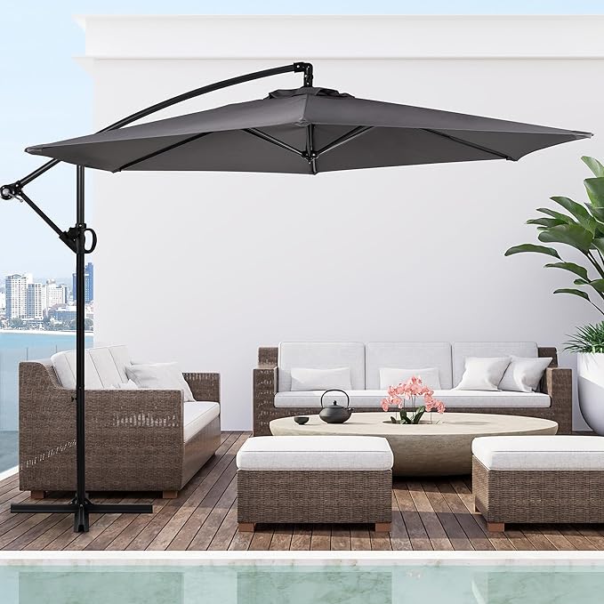 Shintenchi Patio Offset Umbrella with Easy Tilt Adjustment,Crank and Cross Base, Outdoor Cantilever Hanging Umbrella, Sunshade Free Standing Canopy, Dark Gray