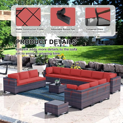 Kullavik 14 Pieces Outdoor Patio Furniture Set PE Wicker Rattan Sectional Sofa Patio Conversation Sets,Red