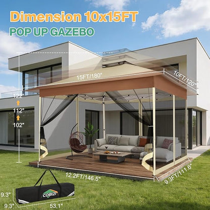 C0BIZI Gazebo 10x15 Pop up Canopy,Gazebos on Clearance-Canopy Tent with Mosquito Netting for Lawn,Garden,Backyard & Patio-Outdoor Tent-Water Resistant and UPF50+ (Khaki)
