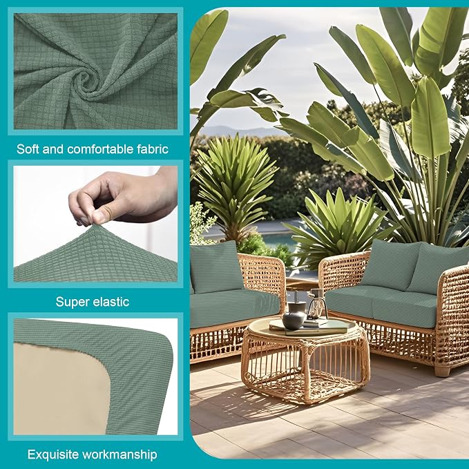 Cushion Covers 12-Piece Stretch Outdoor Sofa Covers, Cyan Jacquard Check