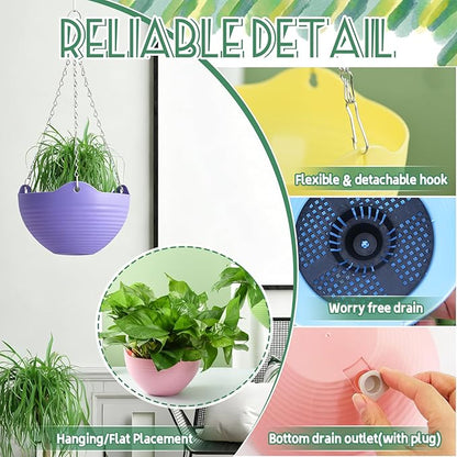 Bvrbaory 8 Pack Multicolor Hanging Planter Pots,8 Colors Garden Hanging Planters,Round Hanging Basket Pot for Indoor Outdoor Garden,Home Decor,with Water Tray Metal Chain