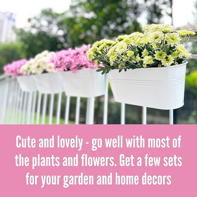 LaLaGreen Outdoor Rail Planter (4 Pack, 11.8 Inch) Metal Iron Hanging Flower Pots Deck Railings Fence Buckets Modern Countryside Boho Style White Wall Mount Window Box Plant Holder Hooks Porch Decor