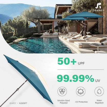 JEAREY 6.5x10 ft Rectangular Patio Umbrellas Rectangle Outdoor Umbrella with Push Button Tilt and Crank, Market Table Umbrella 6 Sturdy Ribs UV Protection for Poolside Garden Backyard Deck, Lake Blue