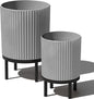 Veradek Demi Series Round Planter w/Stand for Porch/Patio | Durable Plastic-Stone Composite & Wooden Stand | Modern Décor for Tall Plants, Flowers