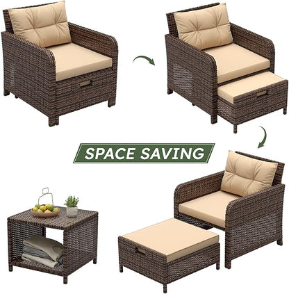 LHBcraft Outdoor Furniture 5 Piece Patio Conversation Set, PE Rattan Patio Set with Soft Cushions & Coffee Table, Outside Furniture with Hidden Ottoman for Porch, Lawn, Garden, Balcony, Brown