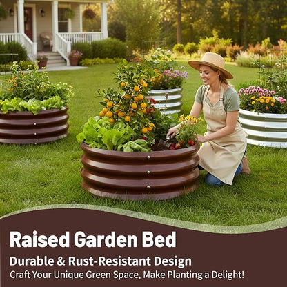 GOOZOO Galvanized Planter Raised Garden Beds, 2x2x1ft Raised Garden Bed Kit for Gardening Outdoor, Round Metal Land Planter Box for Vegetables, Fruits, Flowers（Brown）