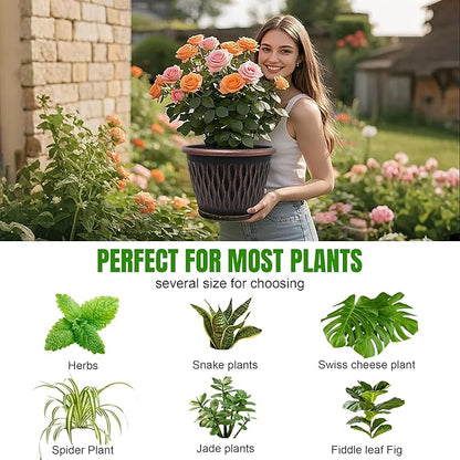 Usocik 4 Pack 10 Inch Retro Plant Pots, Vintage Striped Flower Pots with Drainage Hole & Saucer, Large Plastic Planters for Indoor and Outdoor Plants, Decorative Garden Pots(Copper)