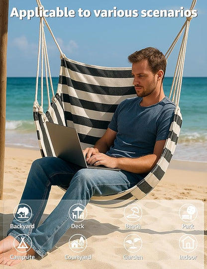 Hammock Chair Swing 2 Cushions Included - Hanging Rope Swing Max 400 Lbs Sturdy Soft Cotton Indoor for Bedroom Swing Chair Outdoor Patio Bedroom Porch Deck Black White