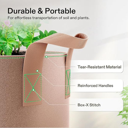 VIVOSUN 5-Pack 7 Gallons Grow Bags Heavy Duty Thickened Nonwoven Fabric Pots with Strap Handles Tan