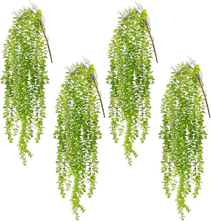 4 Pack Fake Hanging Plants, 38" Artificial Hanging Eucalyptus Plants Greenery Vines UV Resistant Faux Trailing Plants for Indoor Outdoor Wall Shelf Porch Boho Home Patio Decor(4PCS Green)